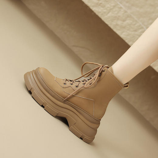 【预售5天】秋冬新款真皮厚底圆头复古系带马丁靴女休闲坡跟松糕底卡其色短靴TYMXY&1729 商品图4