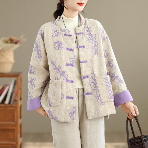 GYH 6253中式盘扣夹棉加厚棉服拼色宽松大码保暖印花棉服 商品图3