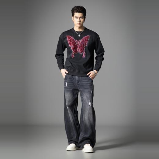 PINLI品立春季新款蝴蝶烫钻圆领卫衣美式潮牌宽松长袖男上衣BG251109002 商品图1