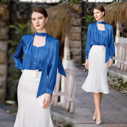 AD气质宝蓝色衬衫女高级设计感系带圆领长袖上衣ol通勤衬衣职业装 商品图1