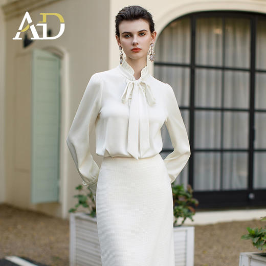 AD米色立领衬衣新款复古宫廷千金风上衣温柔木耳边衬衫女内搭长袖 商品图0