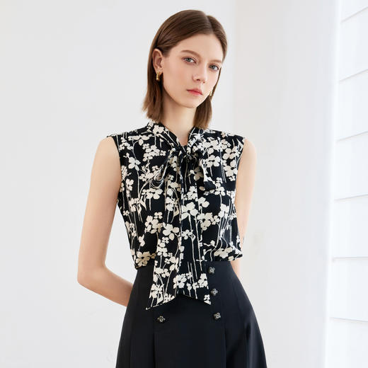 AD气质雪纺衬衣2025夏装新款女装时尚洋气撞色印花无袖套头衬衫 商品图2