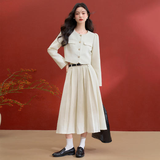 西遇千金小香风套装女冬季新款单排扣短外套高腰百褶裙两件套V3755286 商品图1