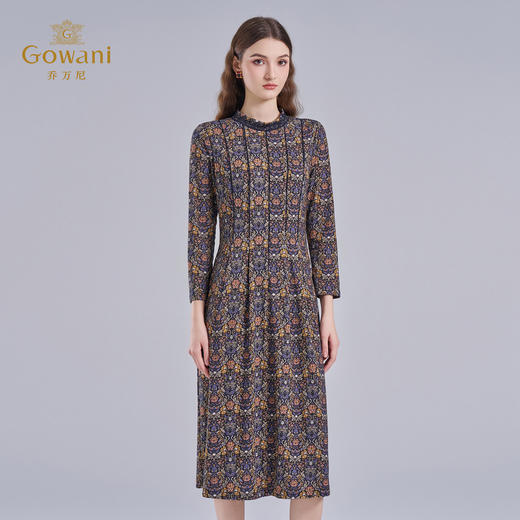 乔万尼2025秋新品高雅深蓝调印花拼接V领连衣裙ED3E320 商品图2