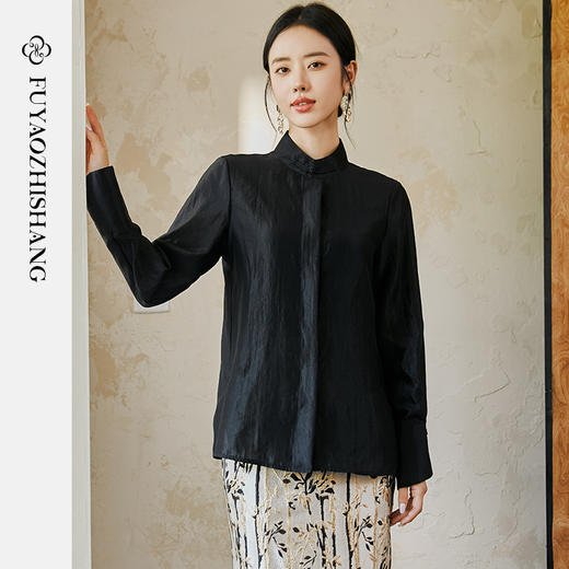 FUYAO扶摇 新中式盘扣衬衫女国风马蹄袖高级感衬衣气质黑色防晒衣 商品图2