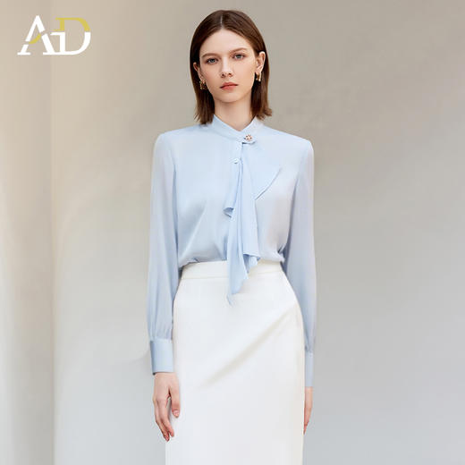AD蓝色衬衫女夏季薄款轻熟风上衣短袖职场正式场合女士衬衣套装裙 商品图2