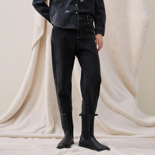 谜底牛仔裤九分裤2025冬季新品复古纹理原创印花加厚女254MJ1504 商品图0