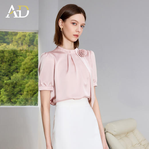 AD粉色衬衫女上衣收腰显瘦法式玫瑰半高领衬衣高端美容院工作服 商品图2