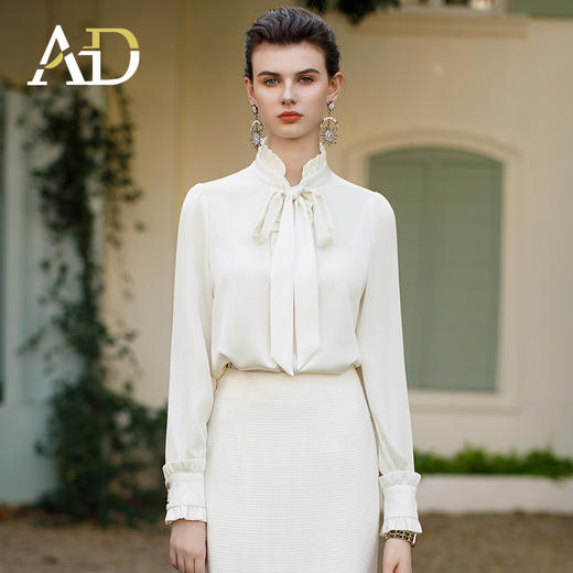 AD米色立领衬衣新款复古宫廷千金风上衣温柔木耳边衬衫女内搭长袖 商品图2