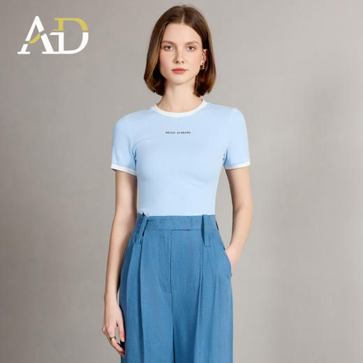 AD修身蓝色短袖女t恤2025新款圆领正肩夏季新款百搭通勤打底衫 商品图0