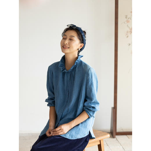 牧衣游原创 植物染汉麻套头衫女新款质朴百搭文艺蓝色衬衫 兰鸢 商品图3