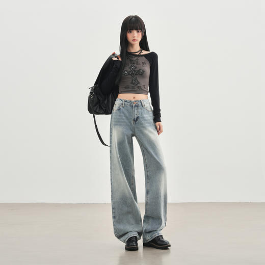 罗蒙秋冬窄版浅色牛仔裤女士复古美式直筒裤宽松显瘦阔腿拖地长裤子 商品图2