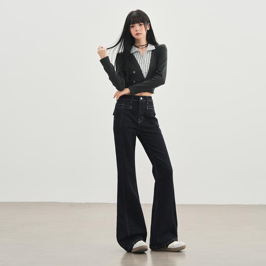 罗蒙秋冬女士高腰明线深色喇叭牛仔裤女时尚通勤显瘦微喇休闲长裤 商品图4