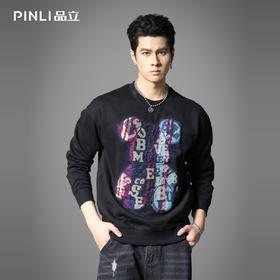 PINLI品立2025秋季新款男宽松圆领卫衣美式潮牌小熊烫钻长袖上衣BG251109003