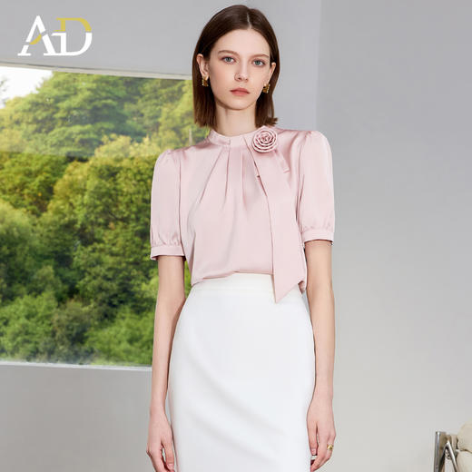 AD粉色衬衫女上衣收腰显瘦法式玫瑰半高领衬衣高端美容院工作服 商品图0