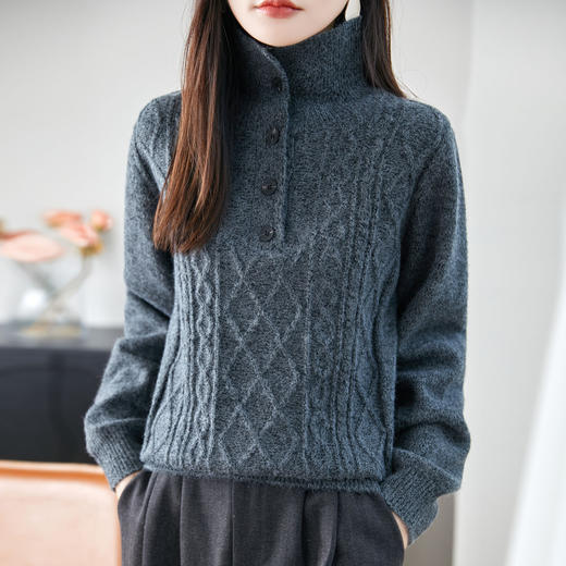 设计感纽扣高领加厚毛衣，外穿复古绞花打底针织衫上衣NJR-2130-52 商品图3