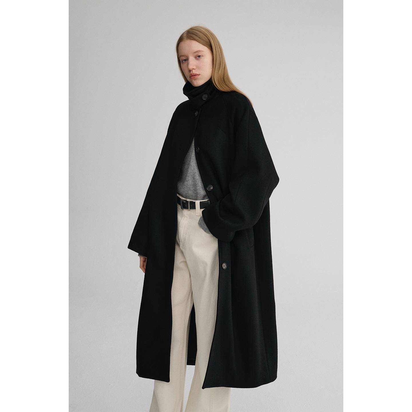 MAISON CECILE 高克重羊毛经典黑色廓形可立领长款毛呢大衣