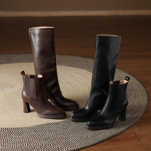 【预售7天】真皮尖头粗跟高跟显瘦靴女新款两穿可拆管加绒长筒靴短靴单靴LD&7448 商品图2