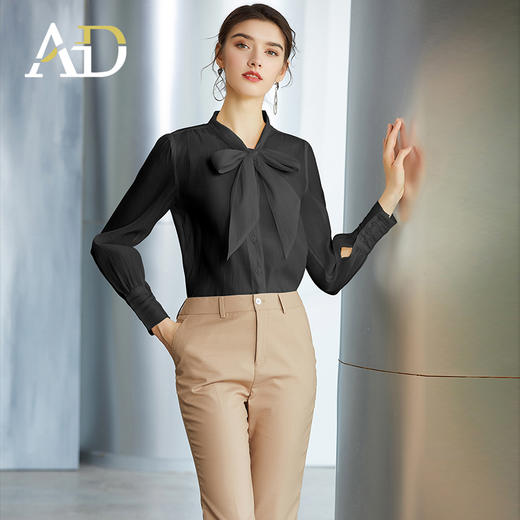 AD高级感黑色衬衫女蝴蝶结上衣春季长袖显瘦衬衣职场时尚通勤女装 商品图0