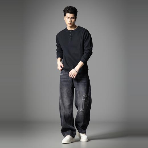 PINLI品立春季新款美式洗水破洞牛仔裤男士宽松直筒休闲长裤GD253116137 商品图4
