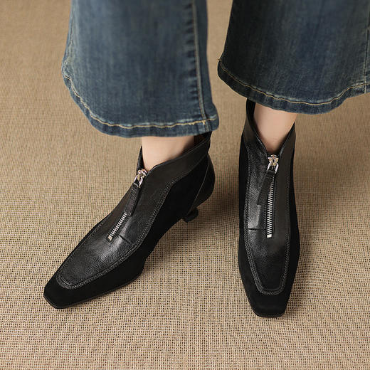 【预售5天】秋冬前拉链羊皮真皮4.5cm短靴小方头低跟粗跟优雅百搭瘦瘦靴JLY&26-18 商品图4