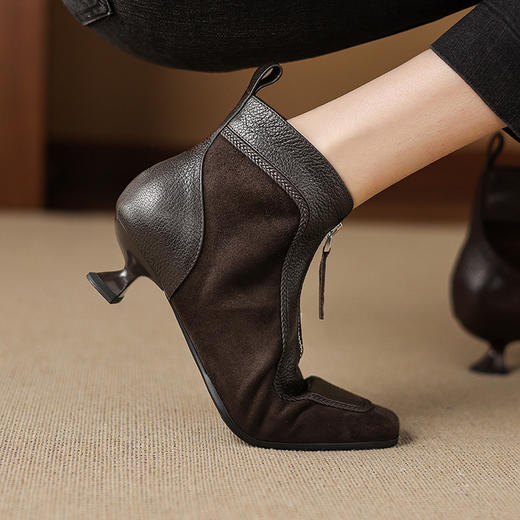 【预售5天】秋冬前拉链羊皮真皮4.5cm短靴小方头低跟粗跟优雅百搭瘦瘦靴JLY&26-18 商品图0
