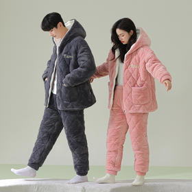 【夹棉暖衣】自然醒「怦然心动」贵妃绒三层加厚夹棉情侣睡衣冬季保暖珊瑚绒家居服女大码男士套装JLM