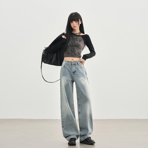 罗蒙秋冬窄版浅色牛仔裤女士复古美式直筒裤宽松显瘦阔腿拖地长裤子 商品图3