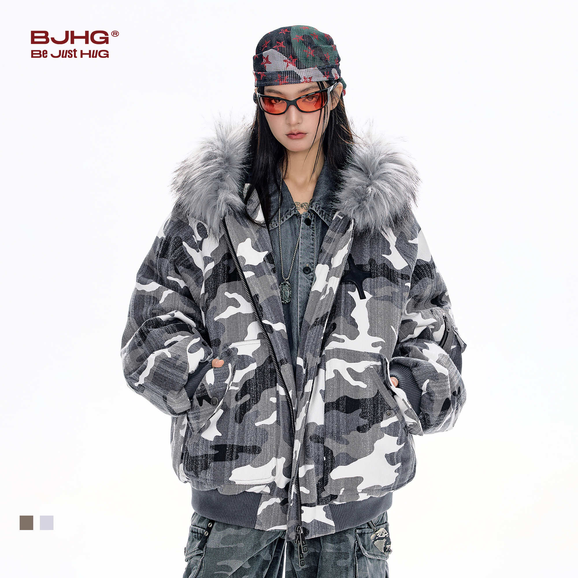 BJHG不计后果美式棉服男款冬季保暖防寒服做旧迷彩毛领夹克外套女