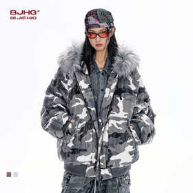 BJHG不计后果美式棉服男款冬季保暖防寒服做旧迷彩毛领夹克外套女
