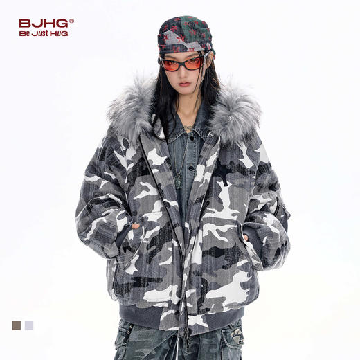 BJHG不计后果美式棉服男款冬季保暖防寒服做旧迷彩毛领夹克外套女 商品图0