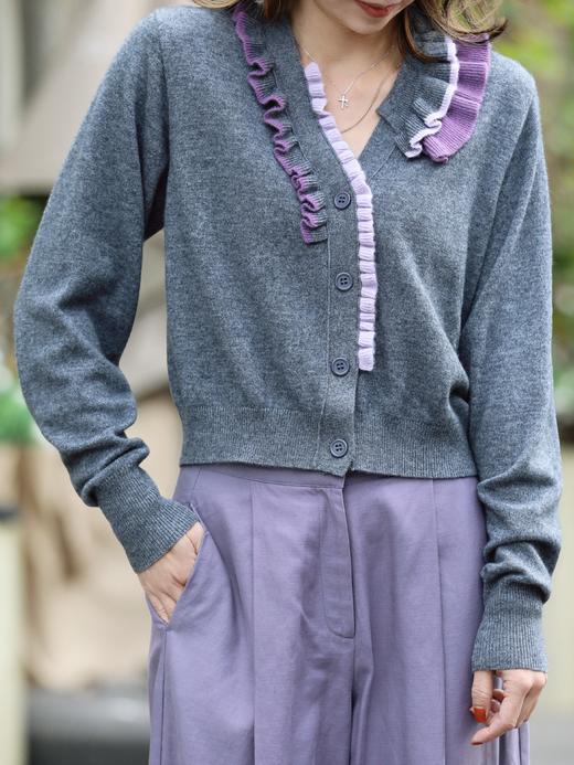 TYNVIE 撞色荷叶边装饰羊绒开衫- 灰色 商品图5