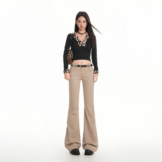 罗蒙秋冬女士牛仔裤美式低腰卡其色微喇显瘦百搭阔腿显瘦修身微喇长裤 商品图1