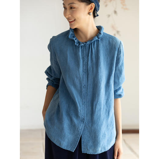 牧衣游原创 植物染汉麻套头衫女新款质朴百搭文艺蓝色衬衫 兰鸢 商品图2