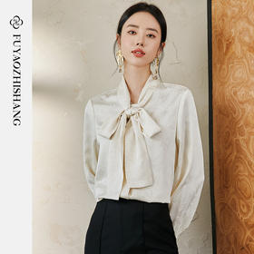 FUYAO扶摇 白色缎面衬衫2025秋国风灯笼袖上衣新中式复古提花衬衣