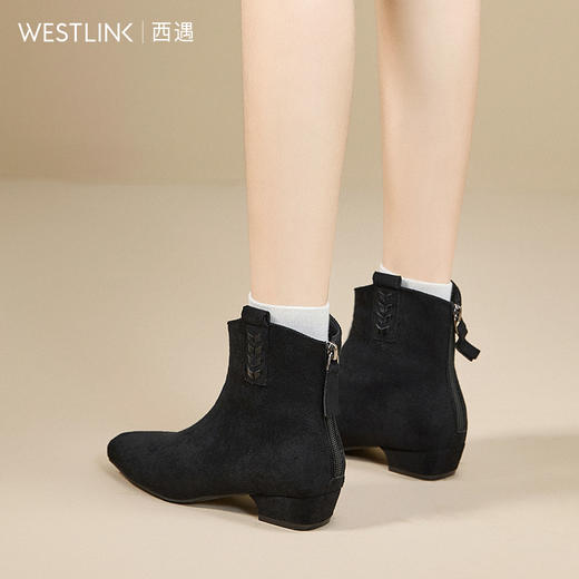 西遇方头短靴女新款秋冬法式绒面V口低跟切尔西靴黑色瘦瘦靴V2157197 商品图3