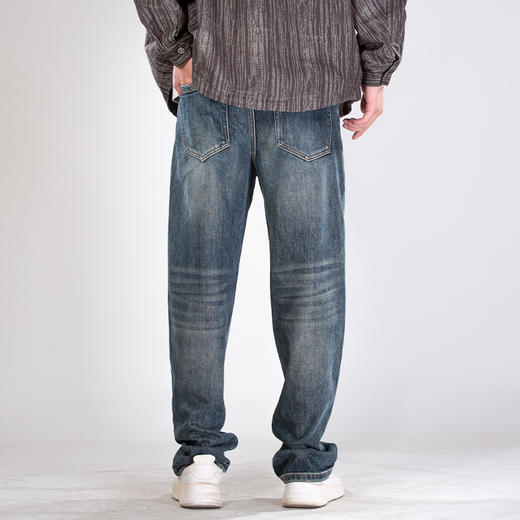 DRONKOO 2025 正常腰表袋剪破拼接复古洗水底磨毛中厚牛仔长裤 商品图3