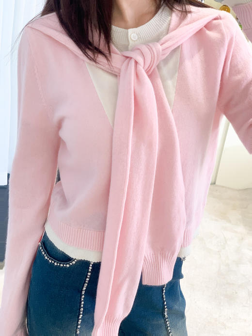 【孤品样衣，不退不换】甜美粉白撞色送飘带针织衫 商品图2