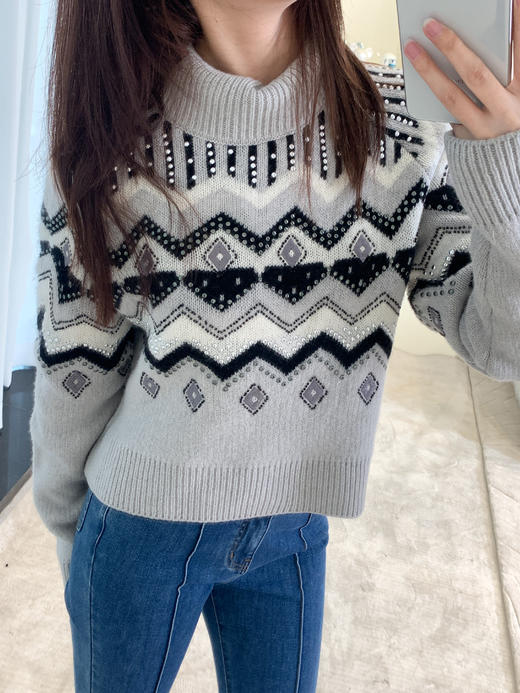 【孤品样衣，不退不换】高级感撞色高领镶钻长袖毛衣 商品图1