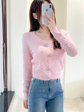 【孤品样衣，不退不换】格子肌理感精美花钻长袖圆领针织衫