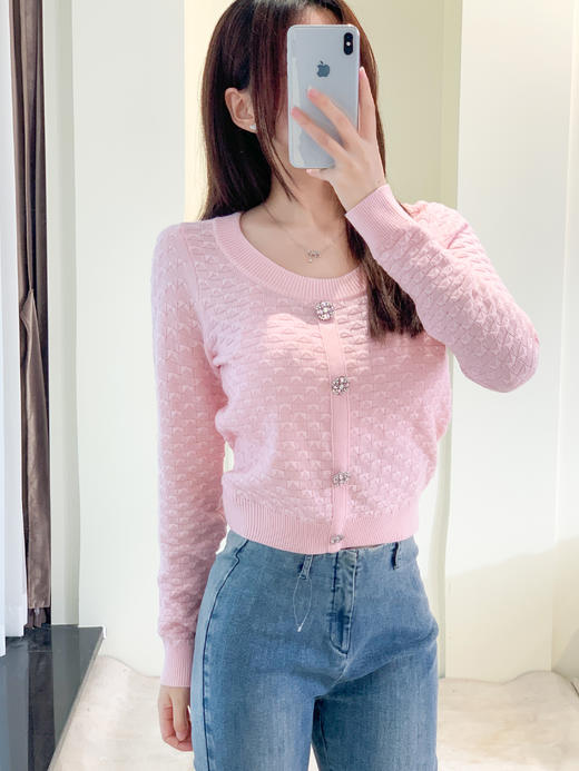 【孤品样衣，不退不换】格子肌理感精美花钻长袖圆领针织衫 商品图0