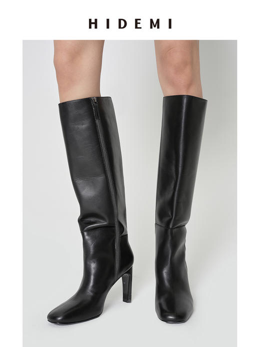 HIDEMI 极简方圆头进口牛皮高筒高跟长靴马靴 黑色牛皮\擦色酒红 商品图9