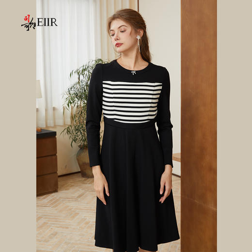 司歌弹力拼条纹收腰长袖连衣裙秋冬A921039X 商品图2
