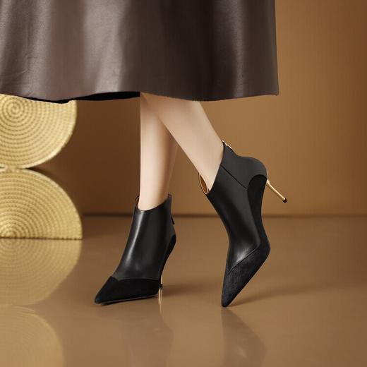 【预售5天】高级感真皮拼接牛毛气质高跟短靴女秋冬新款尖头细跟百搭女时装靴CX&CX8195-9 商品图4