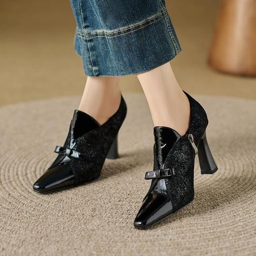 【预售5天】酒红色气质尖头粗跟单鞋女春秋季新款蝴蝶结高跟鞋深口鞋子QS&727 商品图3