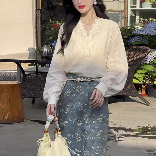 裁缝学苑AH82新中式V领蕾丝小衫上衣纸样半身裙套装打版裁剪图 商品图1