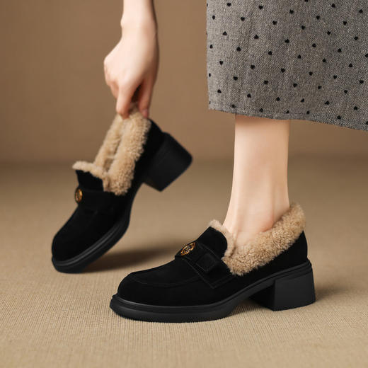 【预售5天】时尚百搭深口单鞋女加绒加厚圆头中跟粗跟真皮磨砂皮乐福鞋女ASZ&KL777R 商品图1