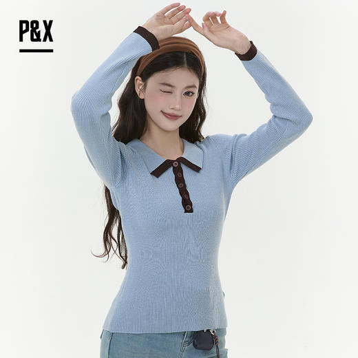 P&X设计师女装2025冬季长袖显瘦打底款式短款毛衣 825418162 蓝色 商品图3