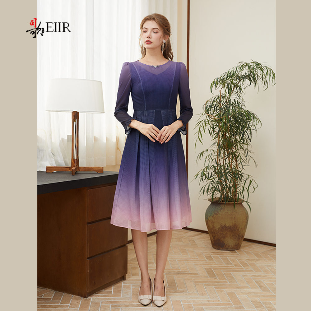 司歌渐变网纱长袖春秋连衣裙A921097X