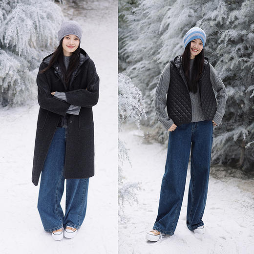 绽放626朵/绵羊毛骆驼绒直身连帽双层长款毛呢外套女冬新款呢大衣 商品图0